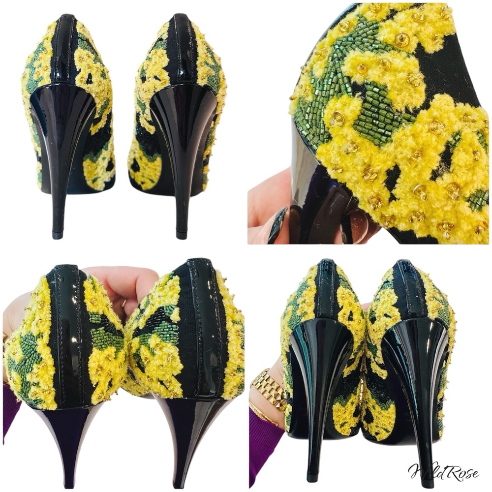 VALENTINO GARAVANI Floral Yellow Green Black Beaded & Embroidered Heels SZ 37 - Picture 16 of 17